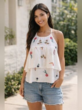 ZARA White Embroidered Halter Top Boho Chic Tiered Blouse XS